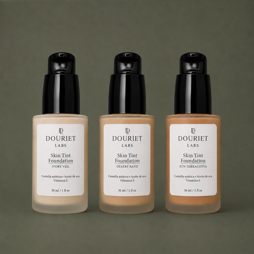Douriet Labs Skin Tint Foundation en tonos Ivory Veil, Desert Sand y Sun Terracotta — emulsión dermo-cosmética 30ml con Centella Asiática